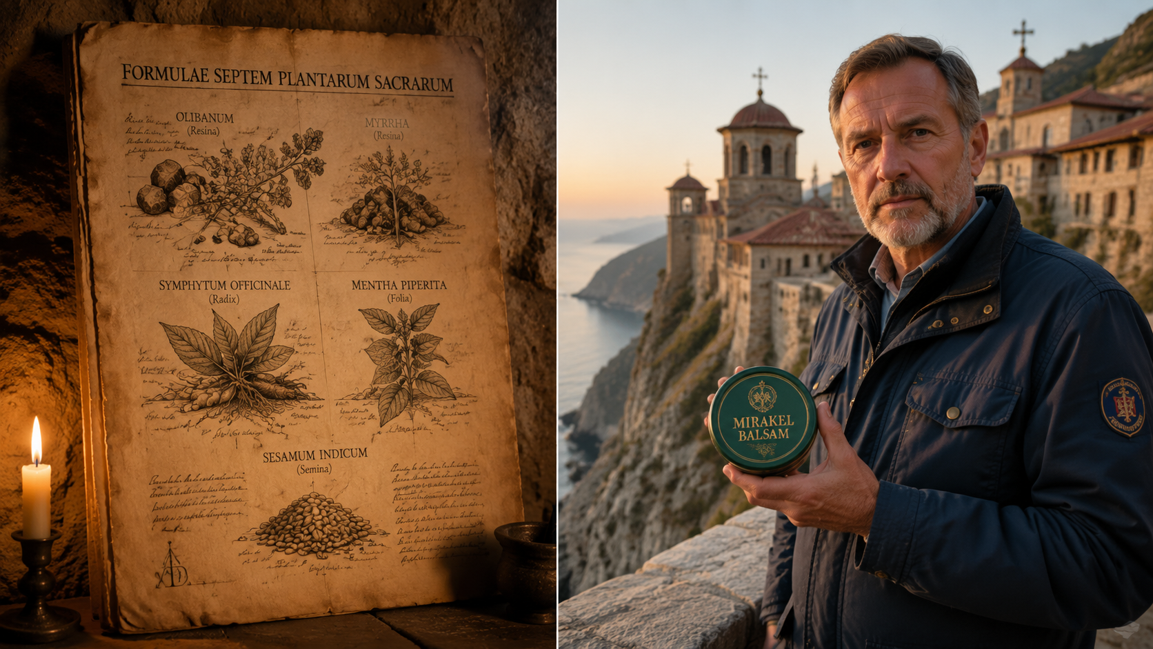 Altes Manuskript und Forscher mit Mirakel-Balsam vor Athos-Kloster