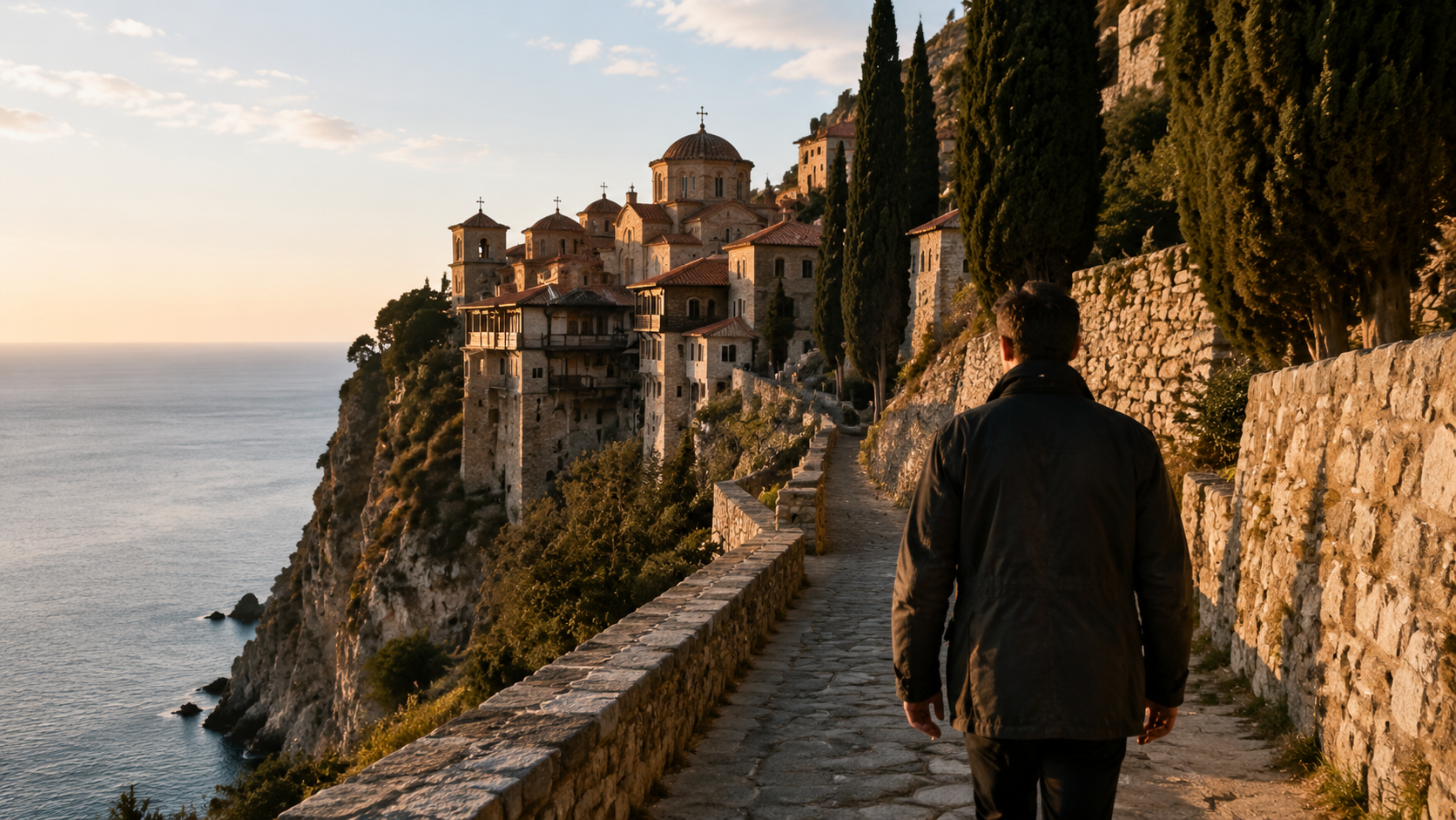 Mann auf Steinpfad zu orthodoxem Kloster auf der Athos-Halbinsel