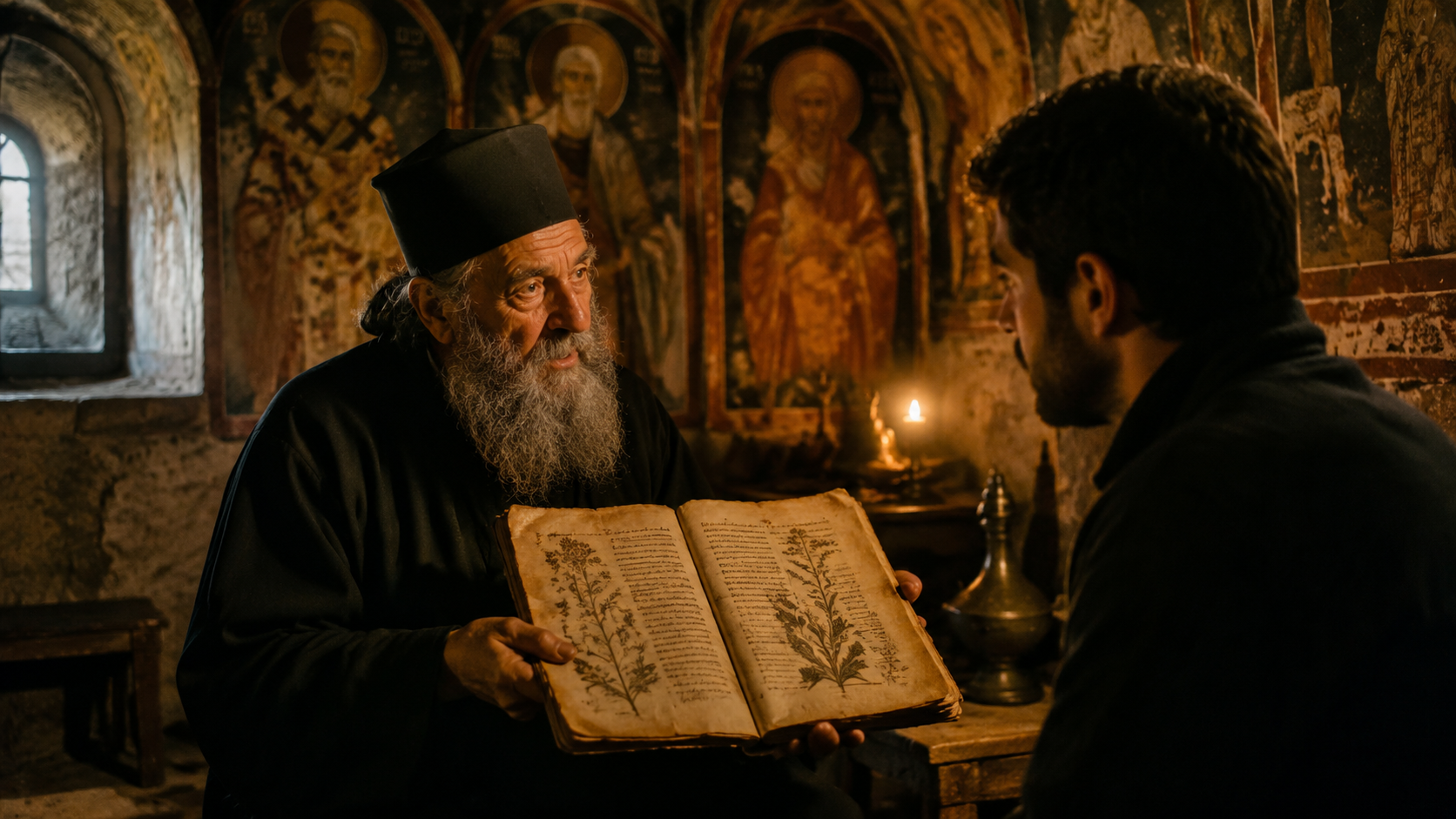 Orthodoxer Mönch zeigt altes Manuskript in dunkler Klosterkammer