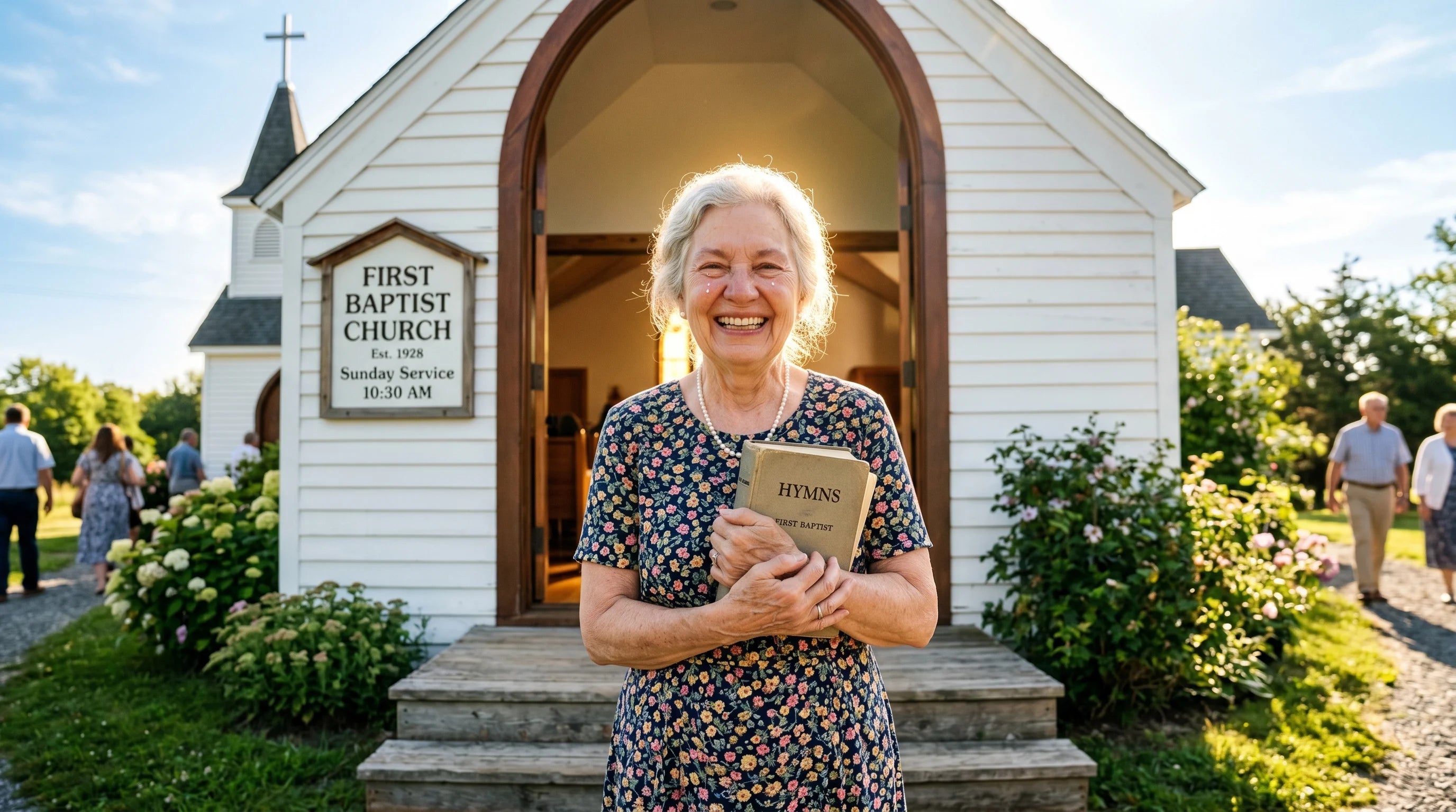 Aeltere Frau steht in der Kirchent&uuml;r, schmerzfrei, mit Gesangbuch